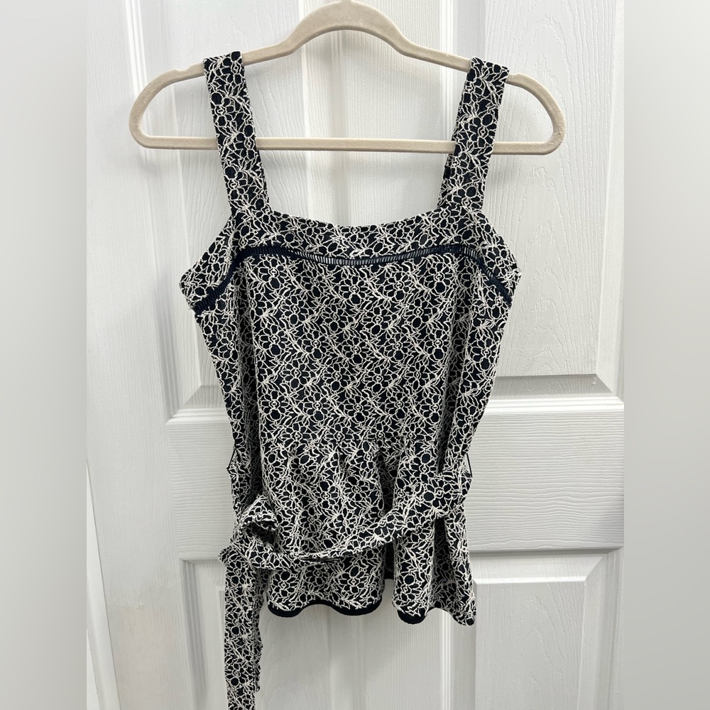 Banana Republic Navy Blue and White Lace Patterned Blouse with Belt - SMALL